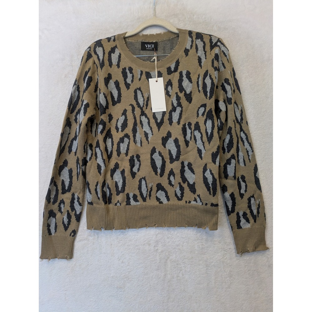 NEW VICI Sweater Women's XS Tan‎ Leopard Print Distressed Wool Blend Pullover